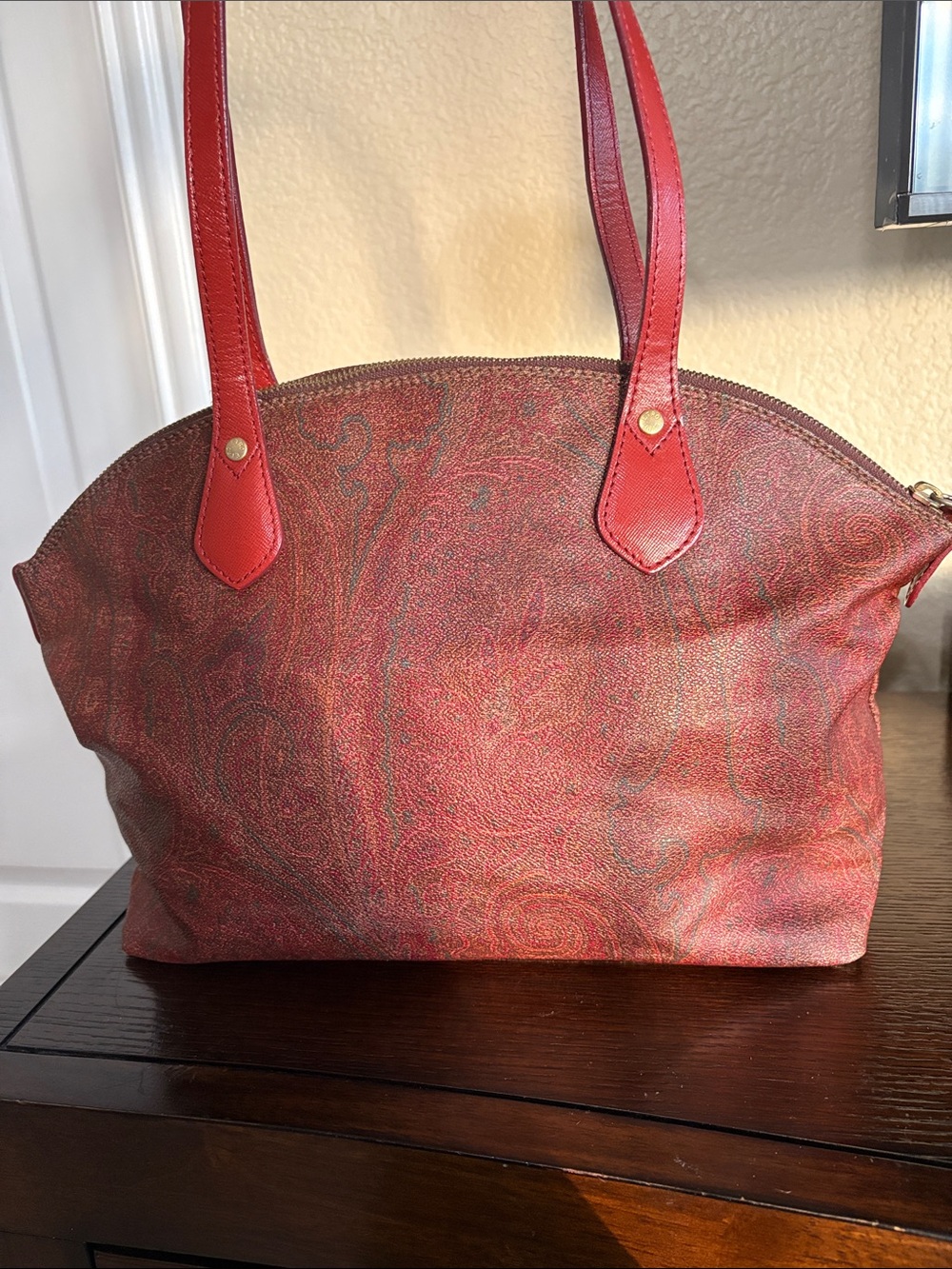 Etro Milano Red Paisley Tote Bag with Leather Handles